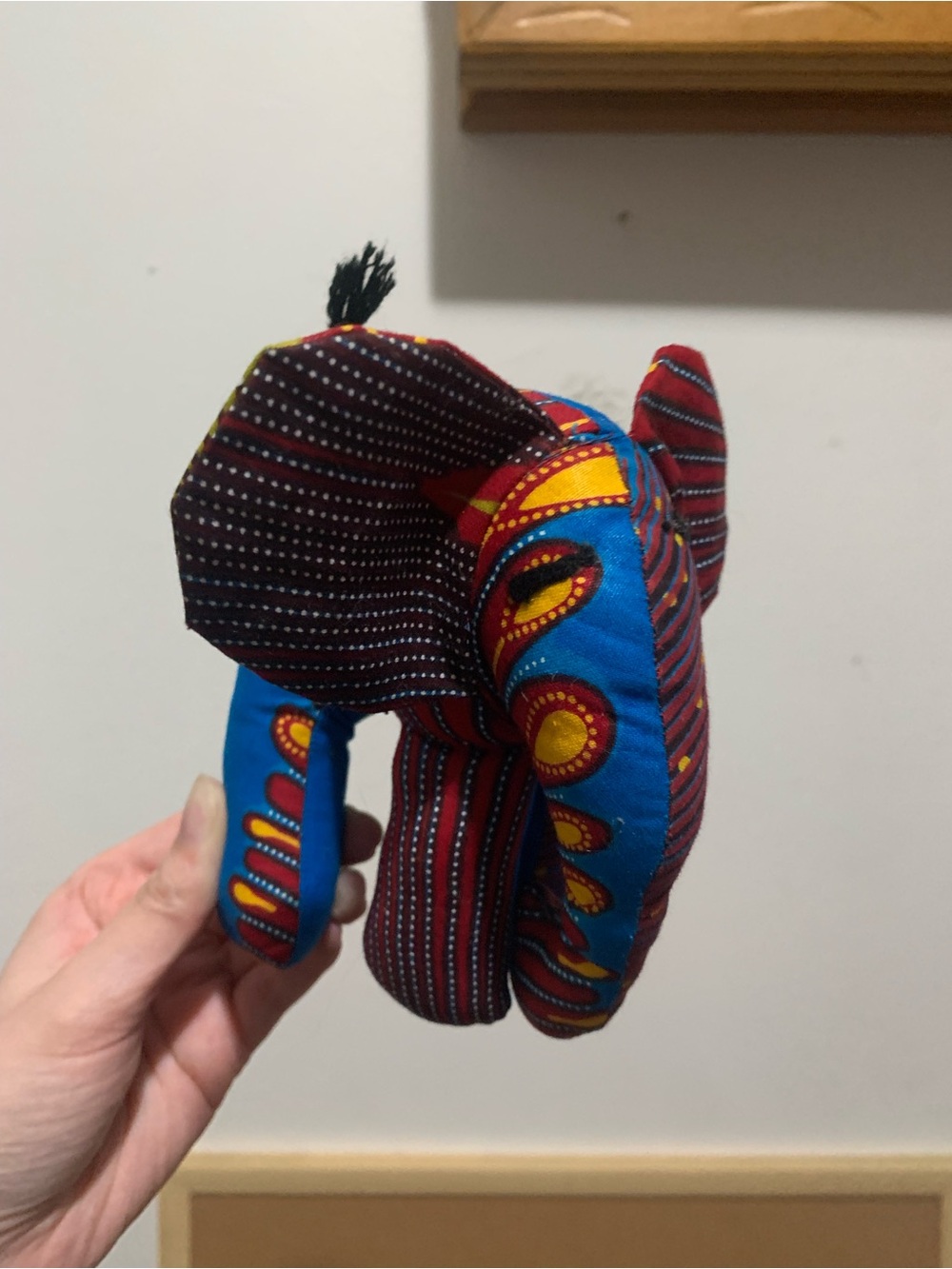 Handmade Blue Multicolor Fabric boho Elephant Plush Stuffed Animal Small 6 in